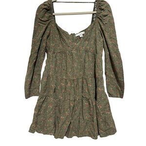 Fourteenth Place Floral Ruffled v- Neck Long Sleeve Mini Dress Green Sz M Boho